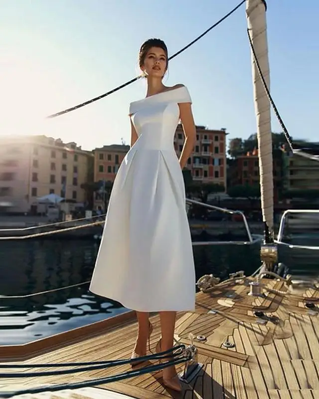 

A-Line Minimalist Holiday Cocktail Party Dress Off Shoulder Short Sleeve Ankle Length Satin robe de soirée de mariage