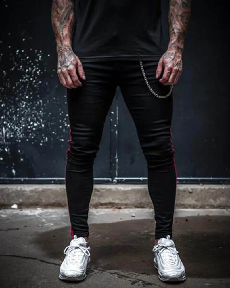 Skinny Jeans Men Fashion Side Stripe Slim Fit Solid Denim Pencil Pants Men Casual Stretch Mid Waist Black Jeans Pantalon