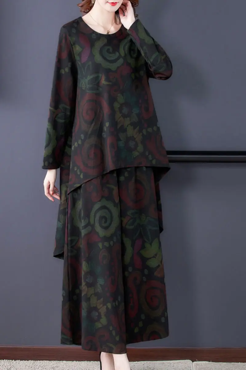 

Autumn and Winter Suit Irregular Simple Trendy Long Sleeve Loose Women's Top + Wide Leg Pants Retro Printing Two Piece Set y112