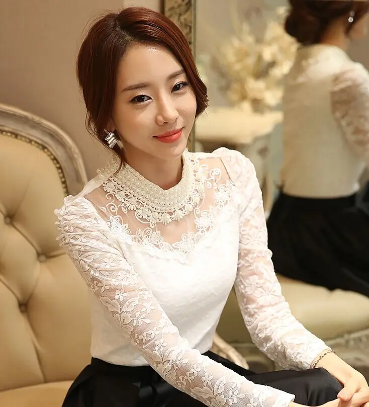 Блузка женская кружевная с воротником стойкой и длинным рукавом размеры до