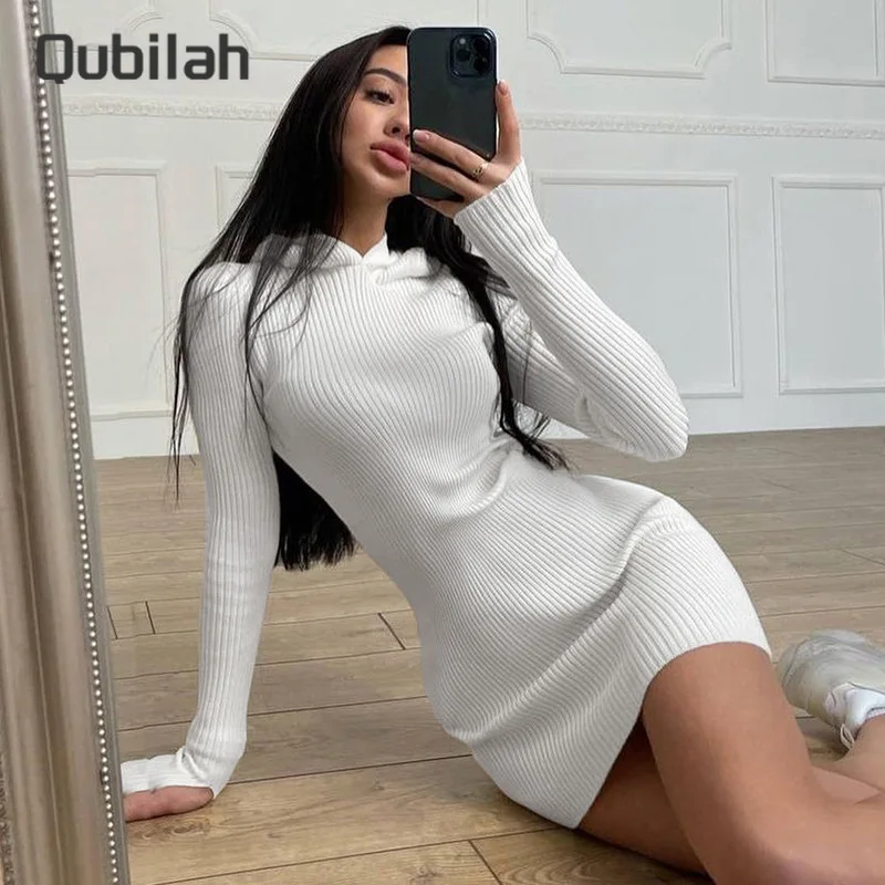 

Solid Bodycon Dress Women Long Sleeve Hooded Knitted Dress Sweater Autumn Winter Fashion Slim Fit Pack Butt y2k Female Clothing