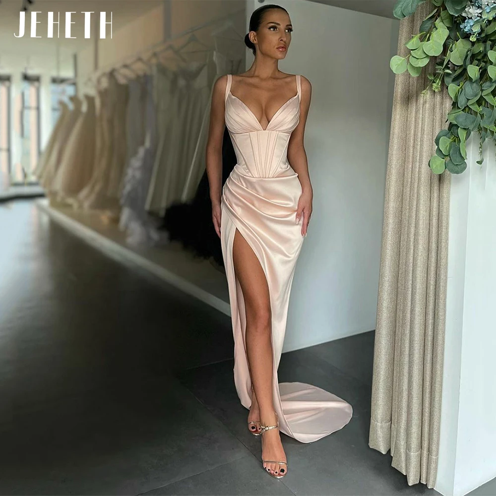 

JEHETH Sexy Deep V-Neck Satin Evening Dresses Spaghetti Straps Side Split Backless Pleats Cocktail Party Gowns robes de soirée