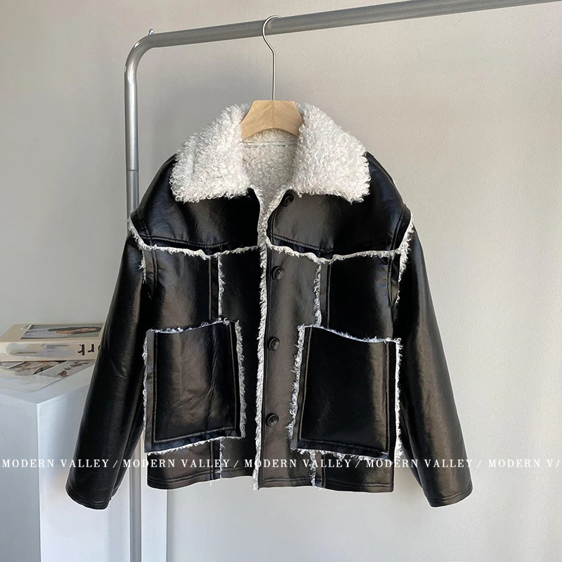 Double faced faux fur coat women's black fashion chic parka autumn winter new lapel pockets patchwork motorcycle jacket outwear