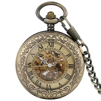 antique bronze transparent design mechanical automatic self wind pocket watch men women fob watch gifts with pocket chain retro
