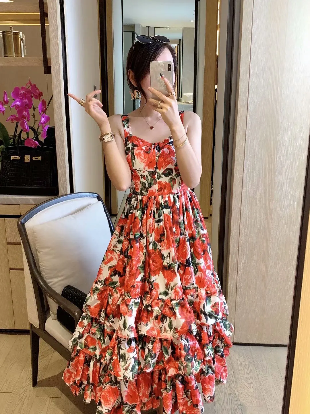 Женское длинное платье на бретельках [EWQ] Элегантное Длинное Платье с принтом