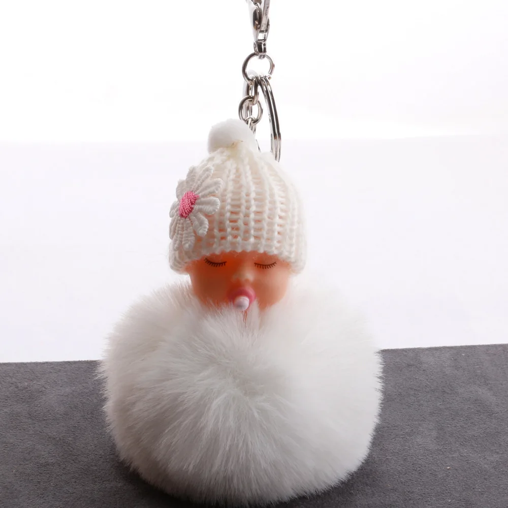 

1pc Baby Doll Toy Cute Sleeping Baby Doll Key Chains for Women Bag Toy Key Ring Fluffy Pom Pom Faux Fur Plush Keychains