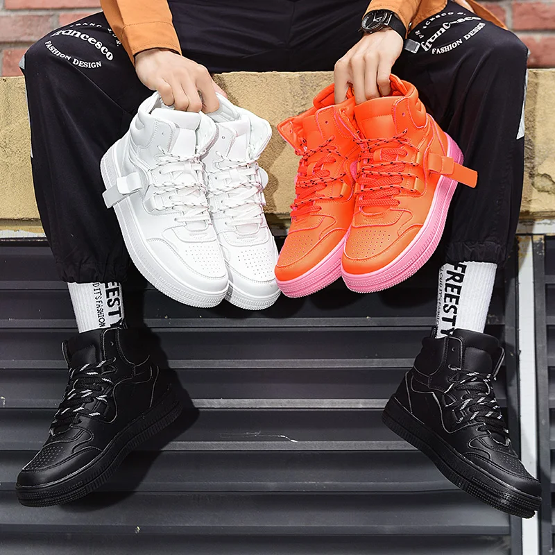 Microfiber Leather Skate Shoes Men Platform Sneakers Orange High-top Men's Skateboarding Shoes Casual Flat Designer Sneakers Men