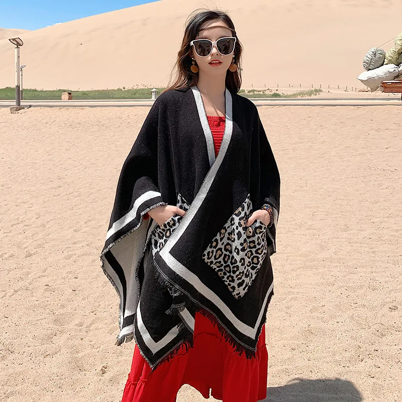 2019 7 Colors Big Pendulum Cloak Ethnic Style Arabic Poncho Women Grey With Leopard Pocket Shawl New Fashion Blanket |