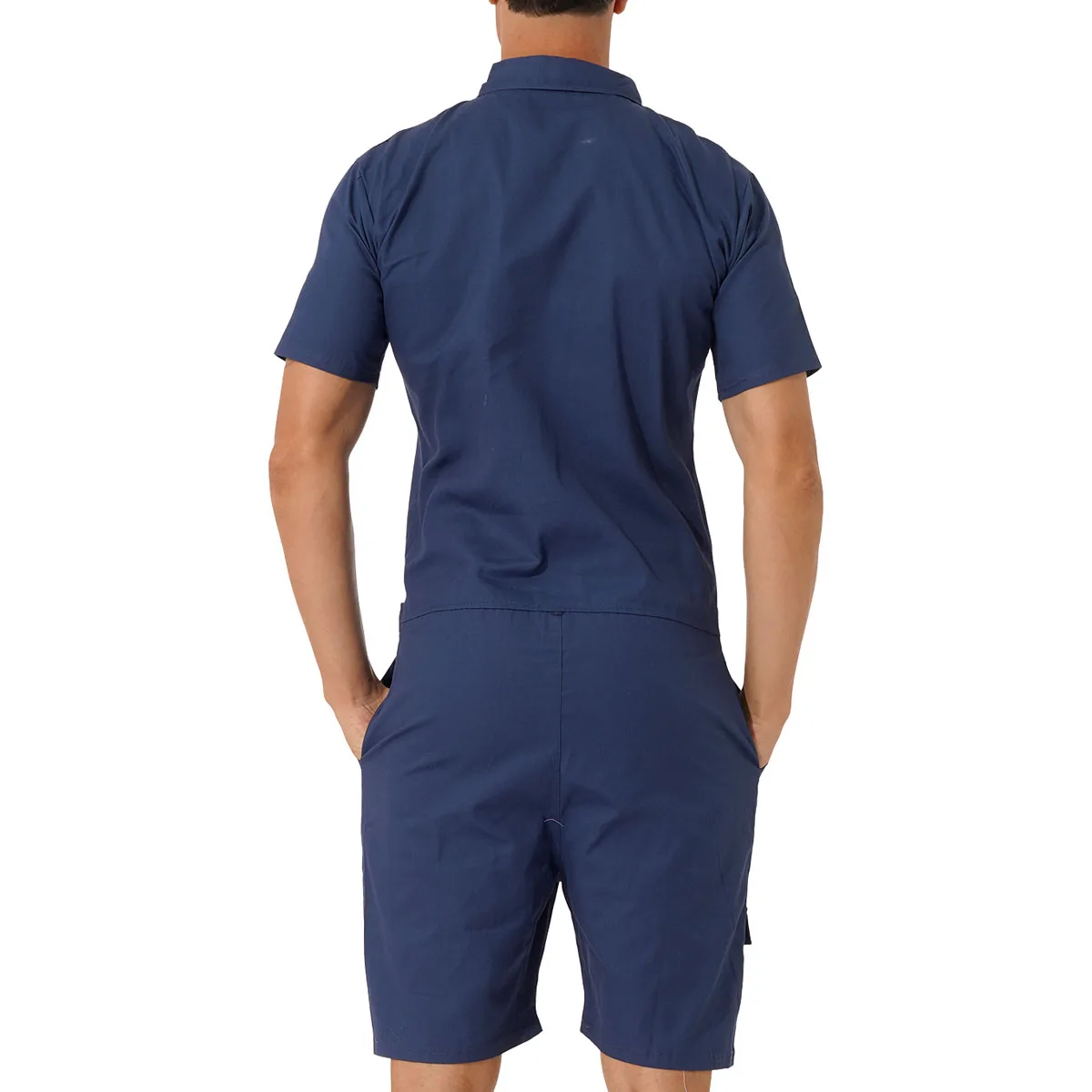 Mens Rompers Jumpsuits Cotton Button Down Short Sleeve One Piece Drawstring Shorts Coverall Tracksuits with Pockets