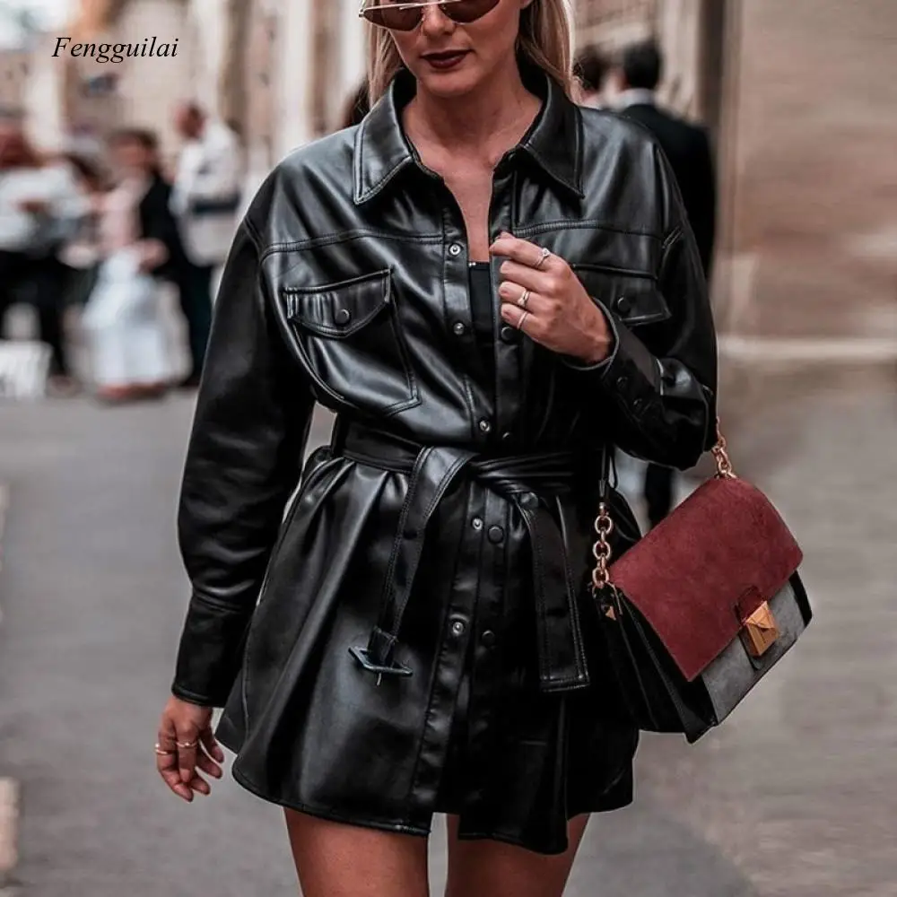 Faux Leather Jackets Women Long Sleeve Tie Belt Waist Streetwear Coats Ladies 2021 Fashion Pu Leather Shirt Jacket Tops