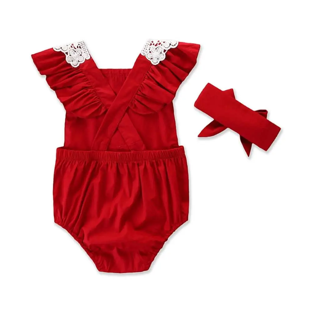 Baby Boys Girls Bodysuits Infant Newborn Sleeveless Lace Jumpsuit+Headbands Set Summer Toddler Outfit ropa #10F | Мать и ребенок