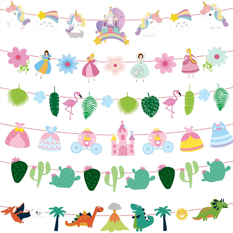 

Hawaiian Party Decor Banner Dinosaur Unicorn Flamingo Princess Cartoon Animals Happy Birthday Party Decor Kids Boy Girl Garlands