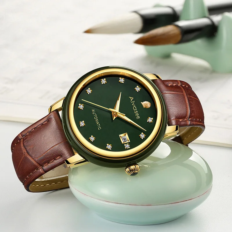 

TOP BRAND EMERALD HOLLOW AUTOMATIC WATERPROOF MEN'S STONE MECHANICAL WATCH COUPLE WATCHES WOMEN'S JADE WATCH RELOGIO MASCULINO