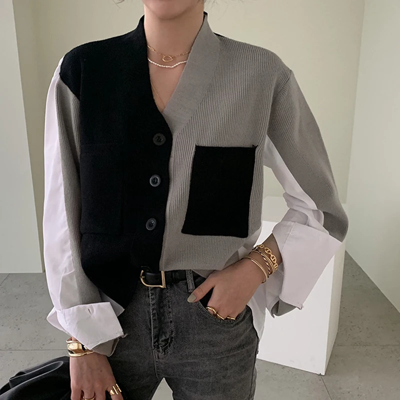 

2021 Spring Korean Patchwork Cardigan Women V-neck Loose Casual Long Sleeve Knit Blouse Female Chic Shirt Ladies