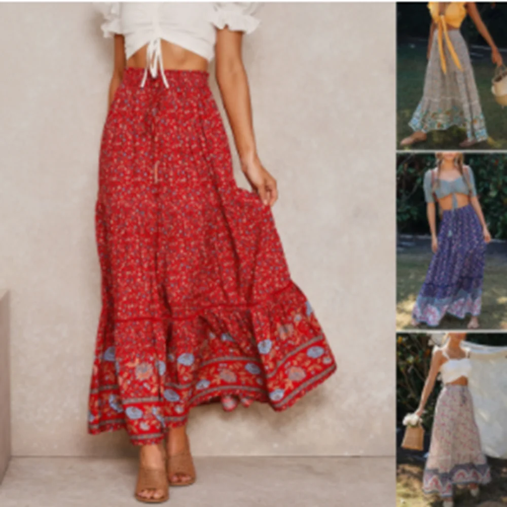 

2021 Print Big pendulum long skirt retro elastic waist tether beach seaside resort women's clothing cotton soft breathable loose