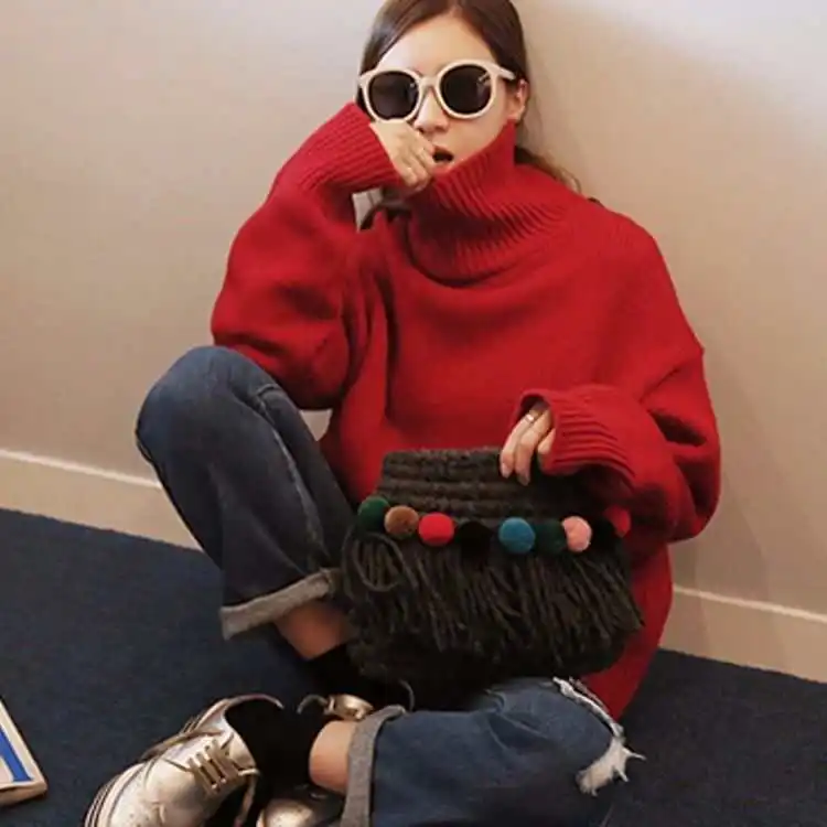 LHZSYY2021 Autumn Winter New 100%Wool Sweater Women's High-Neck Thick Knit Korean Large Size Pullover Wild Warm Cashmere Sweater