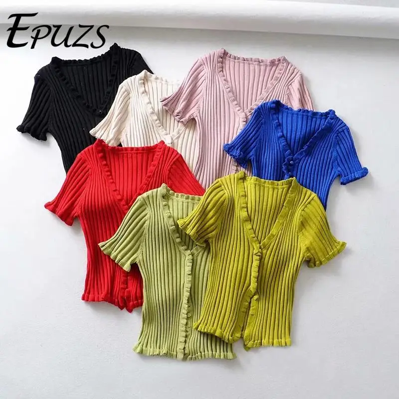 Sexy green black knitted cardigan women crop sweater v neck ruffle cropped casual Winter korean |