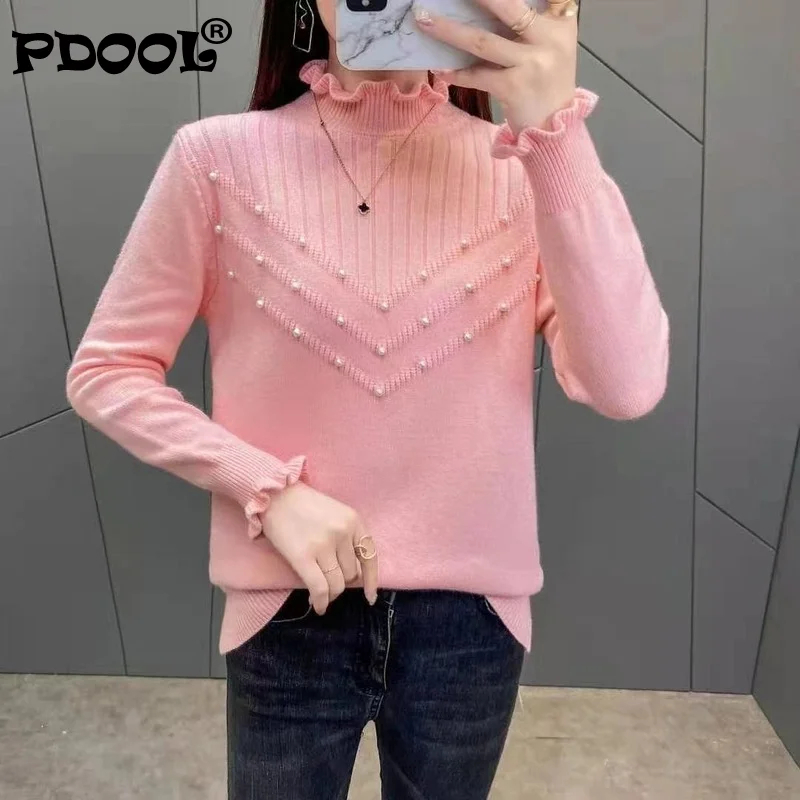 

Новинка 2021, свитер с полувысоким воротником и бусинами, женский осенне-зимний Свободный пуловер с деревянными ушками, вязаная нижняя рубашк...