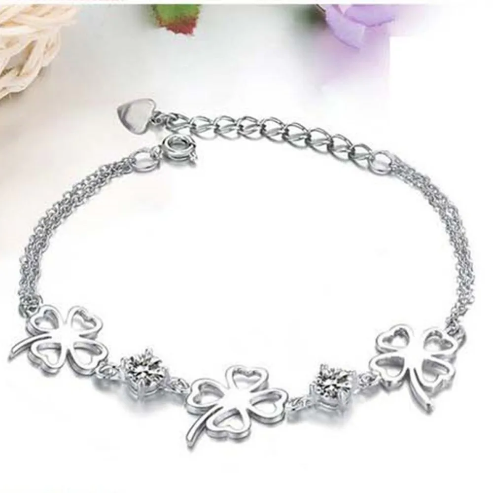 

S40CB39 925 Silver Lucky Grass Bracelet Fashionable Hollow Crystal Zircon Micro-inlaid Bracelet