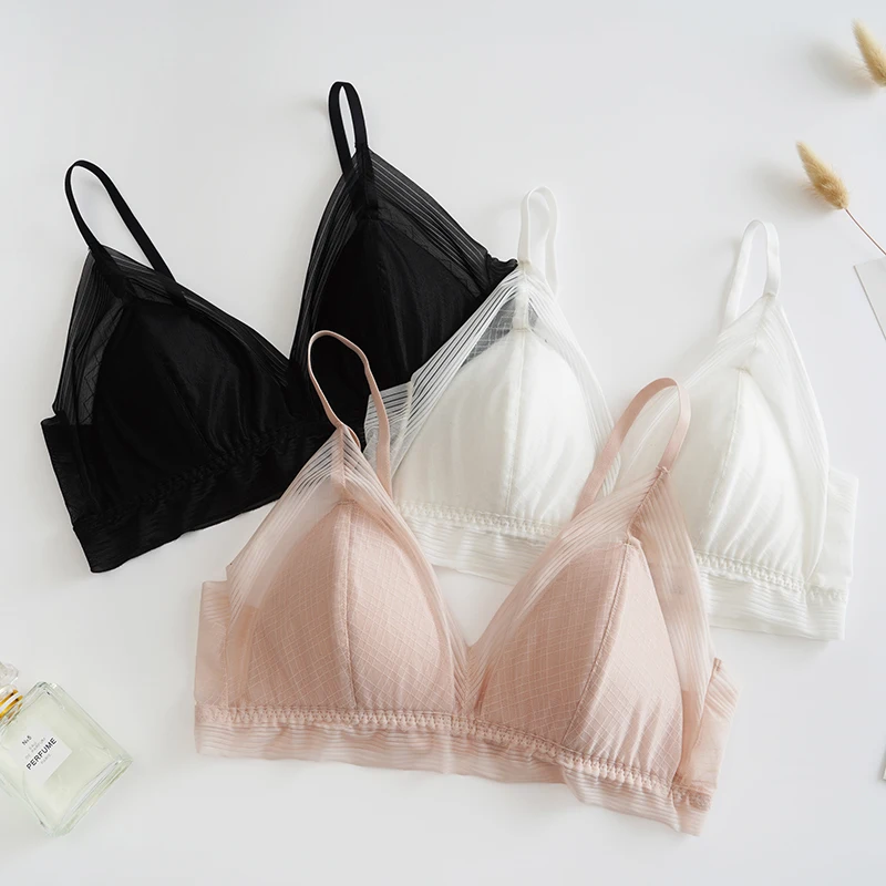

Sexy mulberry silk Lace Bralette Triangle Cup Bra Wireless Thin Lingerie Bras French Brassiere Comfortable Underwear For Women