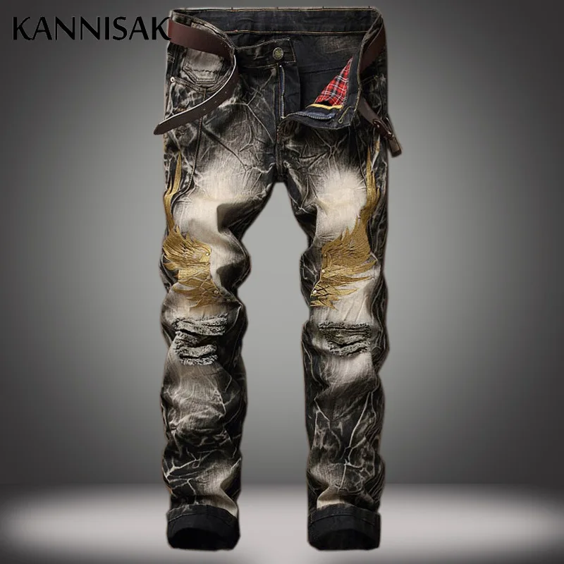 

KANNISAK Ripped Hole Jeans Men Embroidery Streetwear Moto Bikers Male Vintage Full Length Straight Denim Pants Fashion Trousers