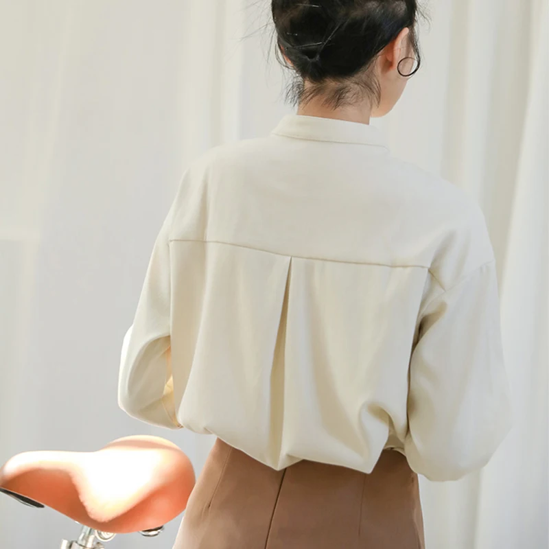 

FTLZZ New Autumn Winter Elegant Women Button Stand Collar Shirt Office Lady Loose Long Sleeve Solid Shirt