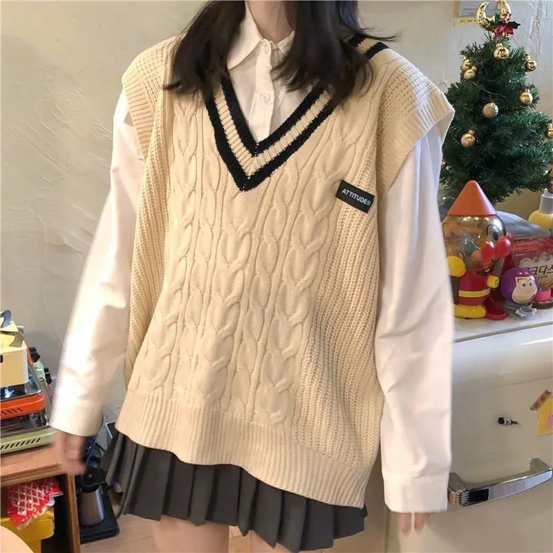 

Casual Sweater Vest Women 2021 Fall Winter Korean Preppy Style Striped V Neck Sleeveless Pullover Knit Tank Top Waistcoat T706