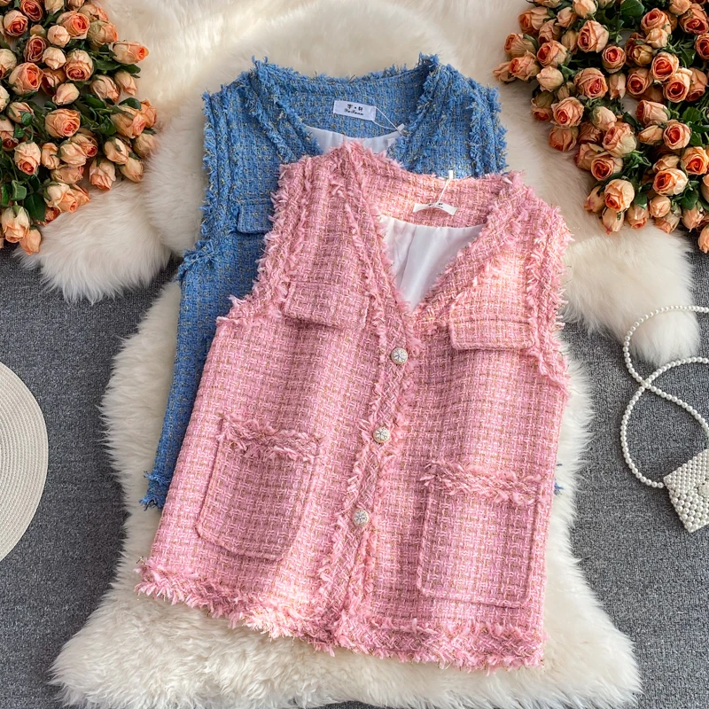 

Xiaoxiangfeng V-neck single-breasted tweed vest jacket female spring/summer 2021 new temperament frayed vest