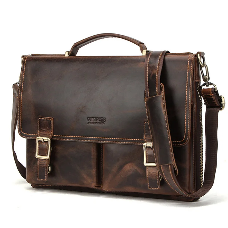 Men Briefcase Bag Crazy Horse Leather Shoulder Messenger Bags Famous Brand Business Office Handbag for 14 inch Laptop