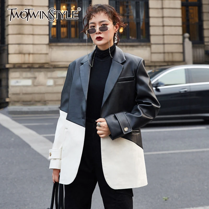 

TWOTWINSTYLE Korean Hit Color PU Leather Jacket For Women Notched Long Sleeve Patchwork Casual Blazers Female Fashion New Fall