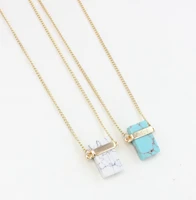 natural stone rectangular solid pink quartz crystal white green marble pendant necklace gold color long sweater chain necklaces