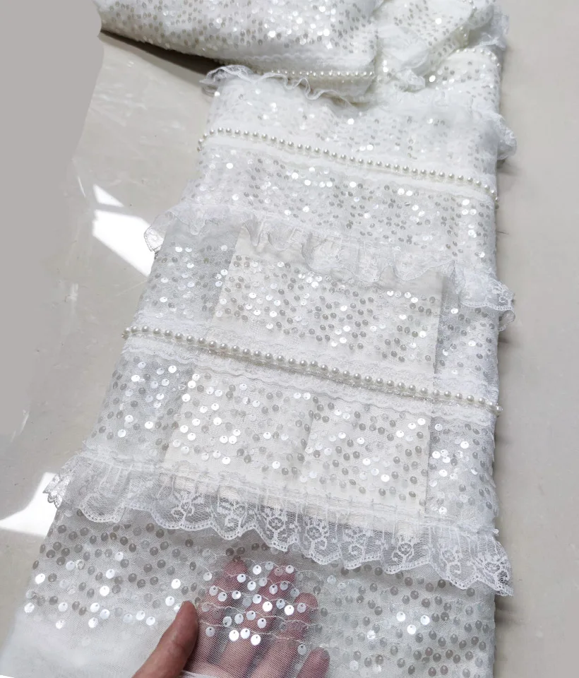 

French Mesh Beads Lace Fabric African Fabric Tulle Sequins 2022 High Quality Nigerian Net Lace Fabric Embroidery For Women Dress