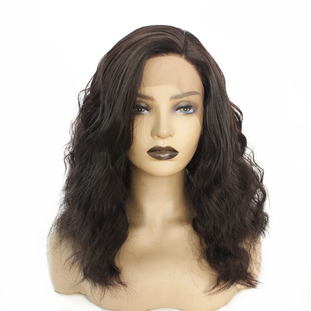 

Короткие волнистые волосы темно-коричневого цвета, боковая часть, искусственные бесклеевые синтетические передние парики на сетке для жен...