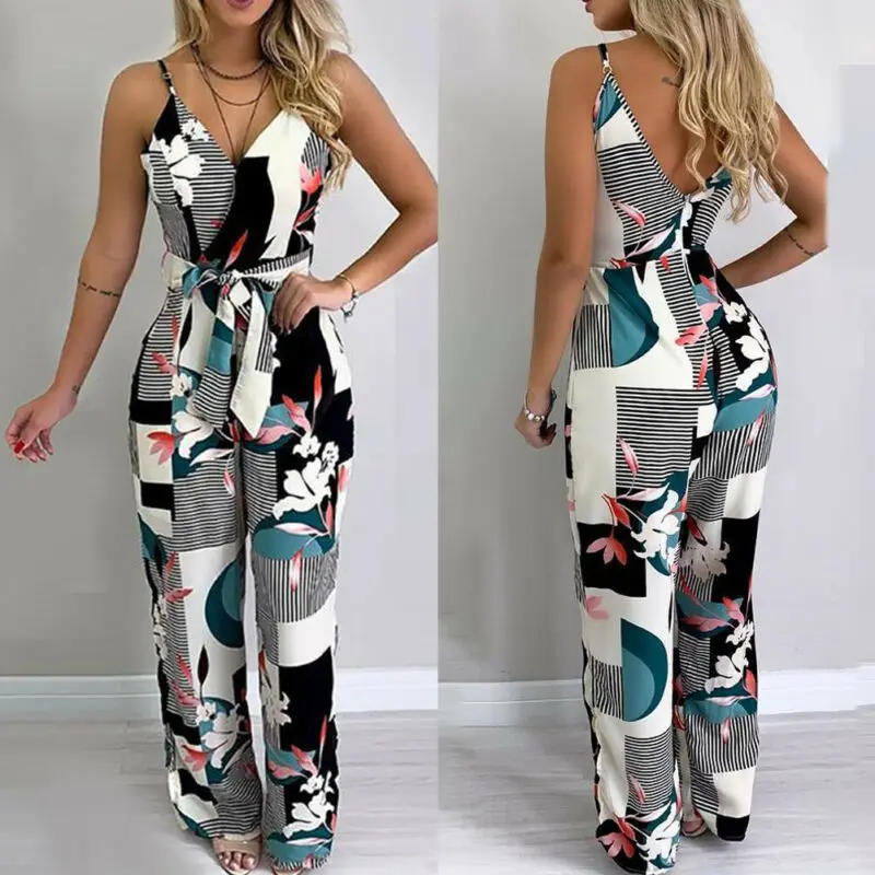 

Women Summer Boho Floral Jumpsuit Long Trousers Pants Spaghetti Strap V Neck Backless Street Office Jumsuits Clothes