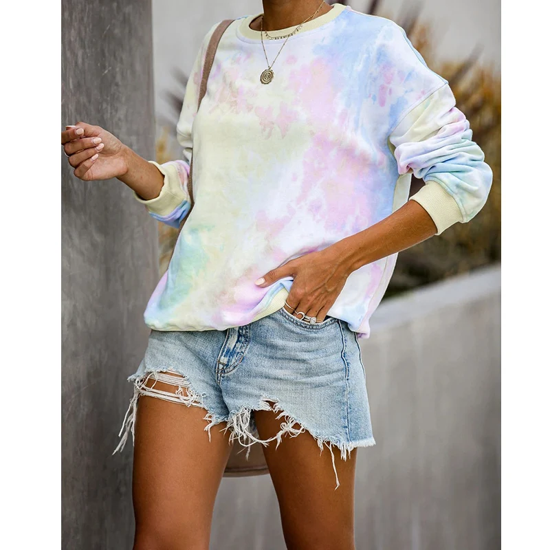 

2021 Spring Ladies Fashion Casual Round Neck Fleece Tie-Dye Printed Pullover Long Sleeve Sweatshirt Top