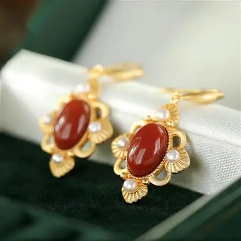 

S925 Sterling Silver Gold Southern Red Agate Hetian Jade Green Jade Diamond Personality High-End Pearl Earrings Eardrops Women