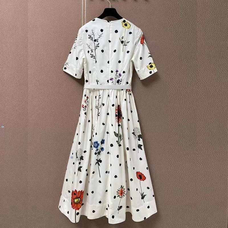 

runway fashion white 100% cotton dress 2021 summer elegant colorful flower print belt long party holiday dress