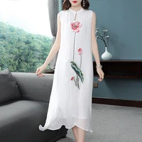 2021 summer new style chinese style temperament embroidered mrs wide cheongsam sleeveless vest chiffon dress