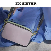 kk new genuine leather cross pattern contrast color wide shoulder strap camera bag high quality fashion all match crossbody hot