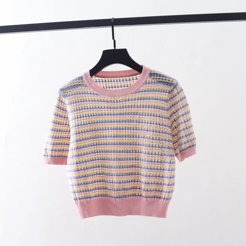 

2021 Summer T-Shirts for Women Tees O-Neck Knit Crop Tops Short Sleeve T Shirts Casual Stripes Holiday Streetwear Harajuku ins