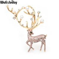 wulibaby red brown enamel deer brooches women alloy pearl elk animal brooch pins gifts