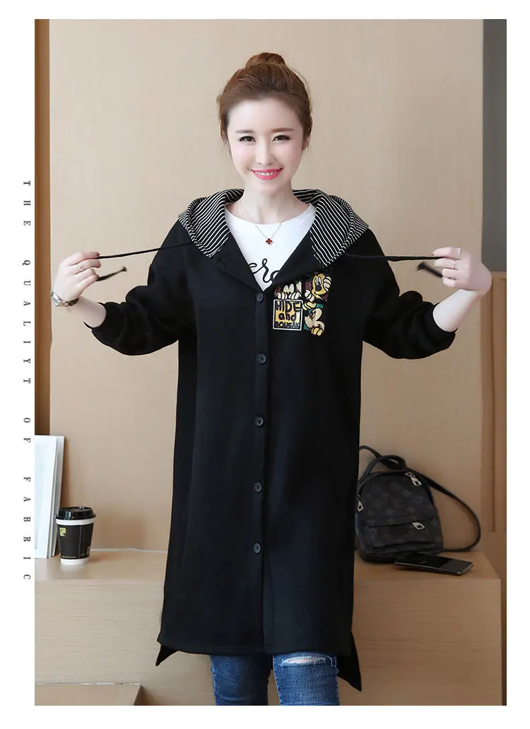 5XL куртка с капюшоном, Женское пальто, Осеннее, с принтом Микки, на молнии, размера плюс, длинное пальто, больше размера d, черное, с рисунком, ретро ветровка