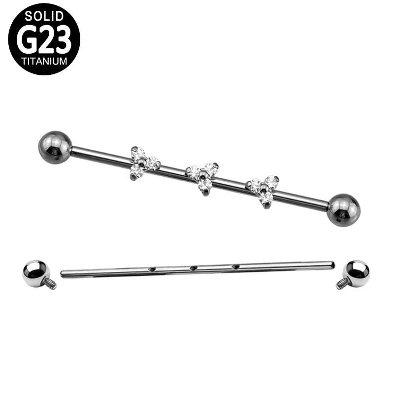 

Triple CZ Blaze Trinity G23 Titanium Internally Threaded Industrial Barbell Earrings Piercing Long Bar Cartilage Tragus Jewelry