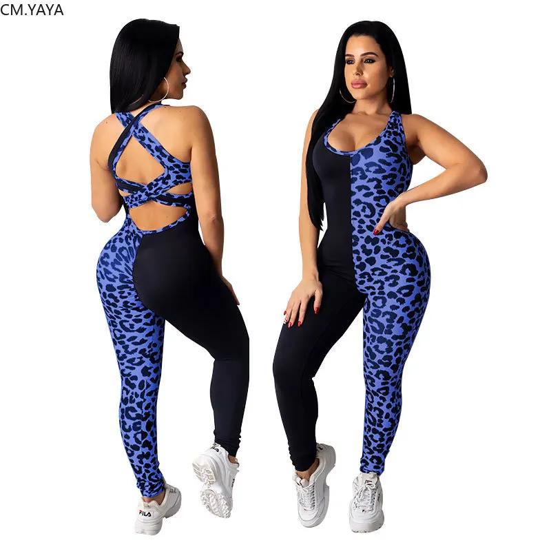 CM.YAYA Active Wear Leopard Print Patchwork Women Sleeveless Tank Open Back Bodycon Jumpsuit Streetwear One Piece Romper Overall |