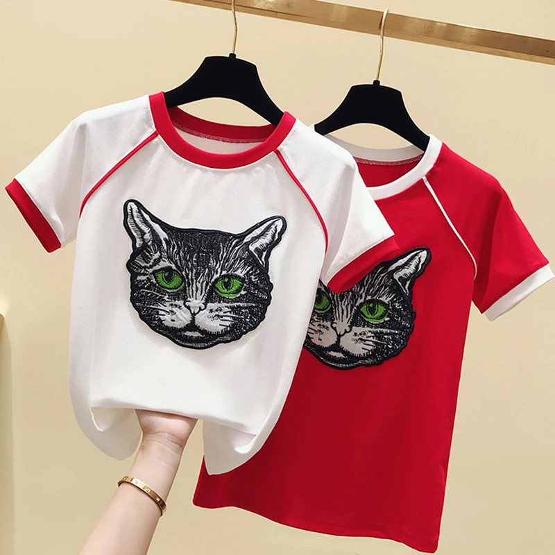 

GGRIGHT Funny Cute T Shirt Women Clothes 2022 Summer Tops Cartoon embroidery Cotton Korean Style T-Shirt Female Tee Shirt Femme