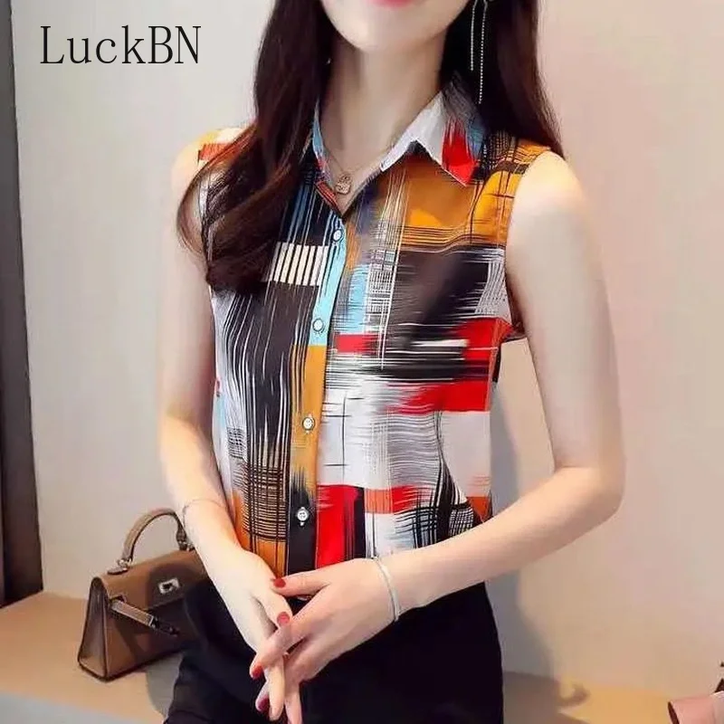 

3XL Large Size Cardigan Women's Casual Shirt Spring New Summer Sleeveless Chiffon Shirt Women Printed Ladies Tops Clothes 2021