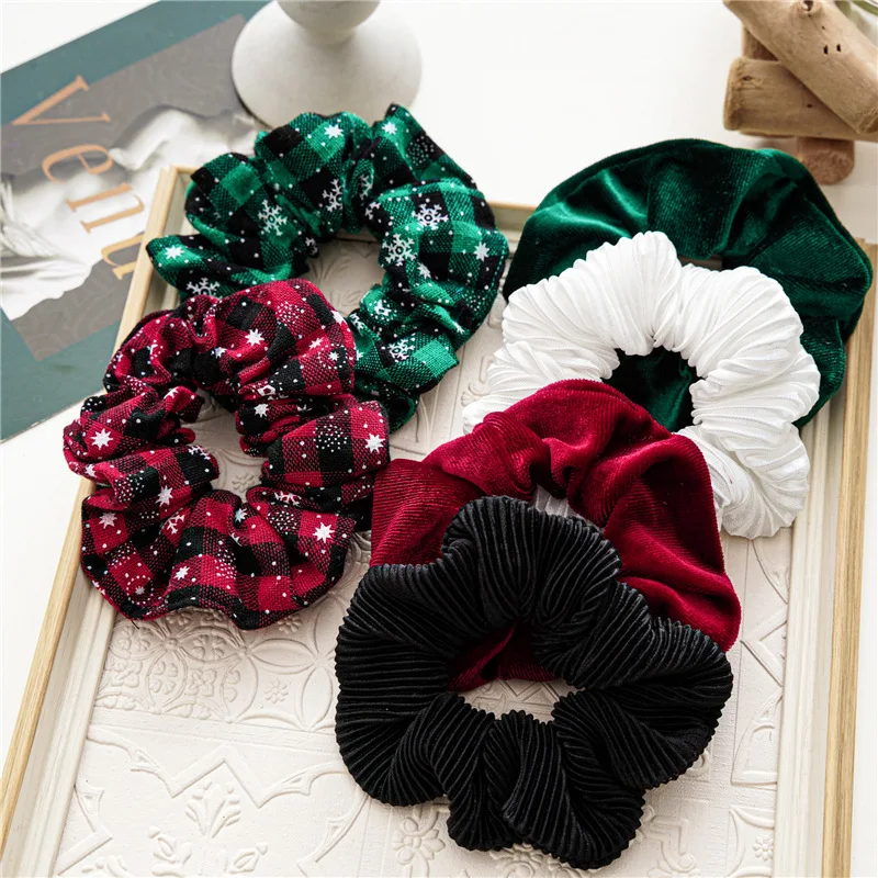 

Christmas Style Flannel Hair Scrunchie Red Plaid Green Ponytail Holder Hair Tie Women Girls Xmas Hair Accessories Hairband Hot