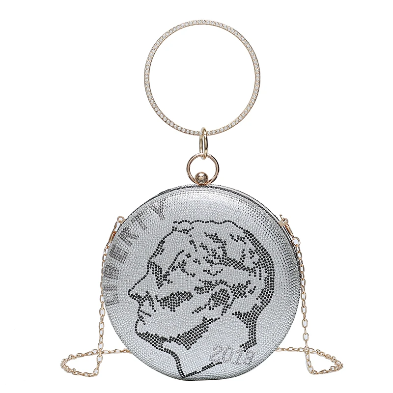 

Fashion Silver Circular Evening Bags for Women Luxury Branded Diamond Shoulder Handbag Female Elegant Chain Party Crossbody Bag