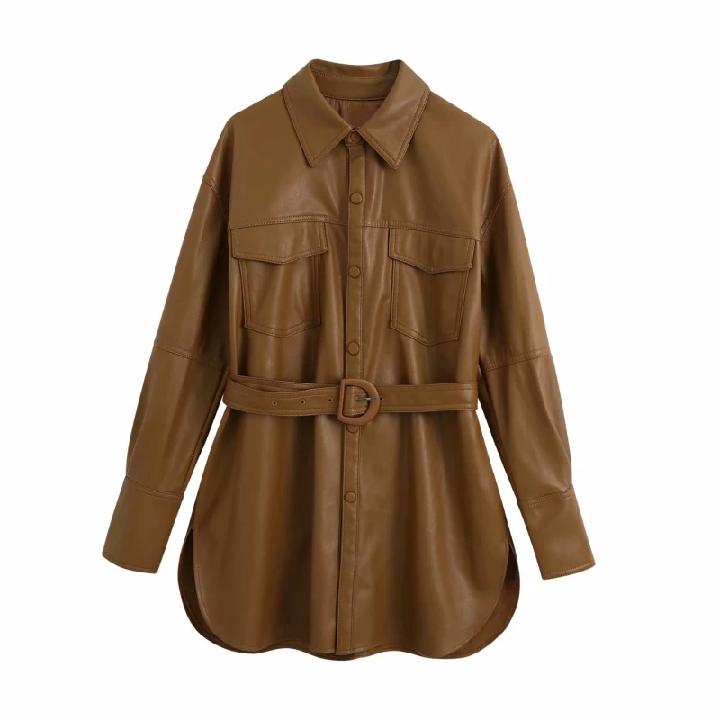 

Nice Cool Women Long PU Leatehr Coats Fad Autumn Vogue Pockets Ladies Coats Casual Waist Belt Female Jacket Brown Girls Coat