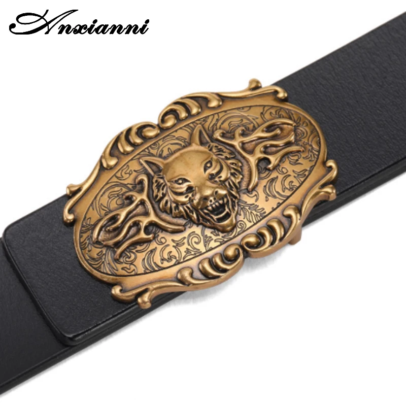 Anxianni retro belt men's prairie wolf buckle smooth buckle belt pure leather denim social spirit guy pants belt